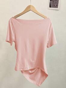 SHEIN 女式夏季简约纯色露肩不对称下摆T恤 - 粉色 - 查看 2