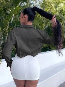 SHEIN SXY 女式长袖单排扣磨边短款牛仔夹克 - 淺灰色 - 查看 2