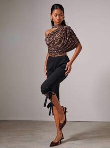 COSMINA Blusa elegante y de moda con hombros fruncidos y estampado de leopardo para mujer - Marrón - Ver 4
