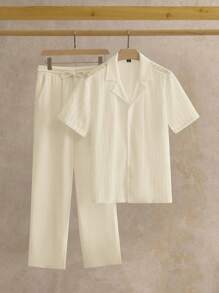 HIMLAND 2件套男士休闲修身镂空面料短袖衬衫和裤子套装