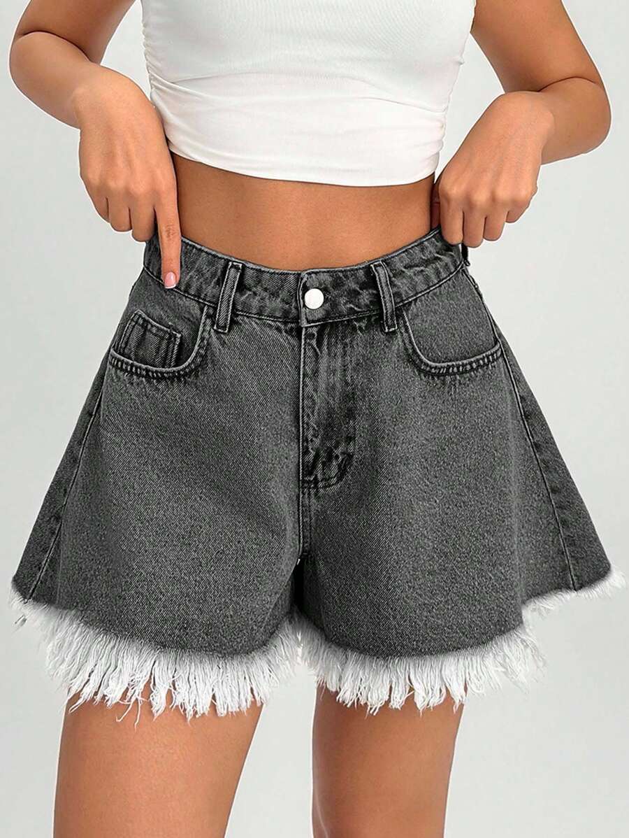 EURMUSE Summer Casual Washed Fringe Hem Wide Leg Denim Shorts - Light Grey - View 1