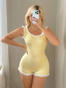 Sweetina Women's Butter Yellow Lace Fitted Embroidered Frill Trim Plaid Skinny Romper - Yellow - View 4