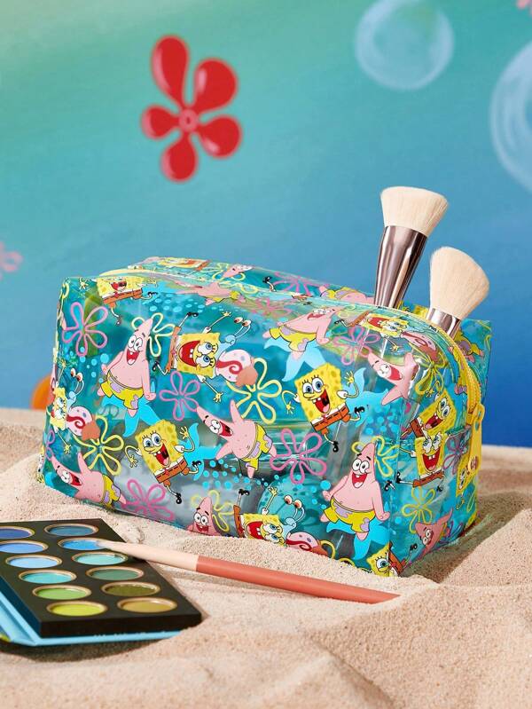 SpongeBob SquarePants X SHEIN 1 Stück Cartoon Muster bedruckter großer faltbarer PVC Kosmetiktasche, multifunktionale Aufbewahrungstasche für tägliche Artikel, Reisen, Büro, Makeup, Studium, geeignet für Männer, Frauen, Studenten