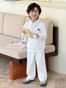 Genkimix Kids Bộ quần dài 2 trong 1 dệt kim cổ chữ V cho bé trai, phong cách Hàn Quốc, thường ngày - trắng - Xem 5