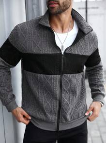 Manfinity Homme Plus Size Men's Casual Everyday Contrast Texture Zip-Up Stand Collar Sweatshirt , Fall, Long Sleeve Top - Multicolor - View 3