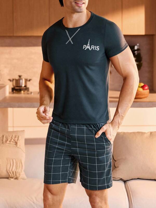 Manfinity Underwear&Sleepwear Basics Teen Boy Round Neck Raglan Sleeve Letter Graphic Casual Pajama Set