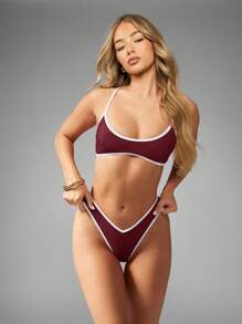 MISSGUIDED Bộ đồ bơi hai mảnh cổ tròn viền tương phản, cắt cao, dây đeo có thể điều chỉnh, thích hợp cho kỳ nghỉ hè, đi biển, hồ bơi, bơi lội - Màu Đỏ Sâu - Xem 4