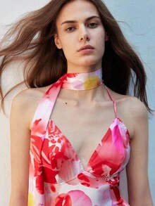 Maija Vestido maxi halter con cintura ceñida y estampado floral para mujer - Rosa Fucsia - Ver 6