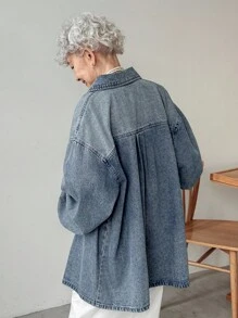 FRIFUL 女式落肩长袖拉链前口袋宽松休闲牛仔夹克 - 藍色 - 查看 2