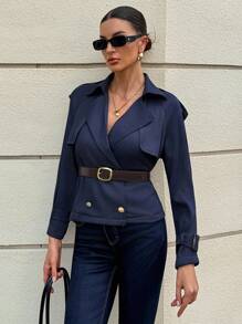Siren Gaze Bộ quần short denim và áo khoác trench coat mới cho nữ mùa thu - Màu xanh hải quân - Xem 5