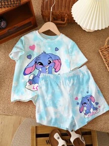 SHEIN 2 件可爱卡通蓝色兔子露露，针迹图案，清新天蓝色扎染少女休闲简约短袖上衣和短裤套装，适合夏季 - 彩色 - 查看 2