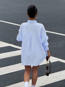 Muchica 女士天蓝色条纹宽松长袖休闲刺绣衬衫 - 藍色 - 查看 2