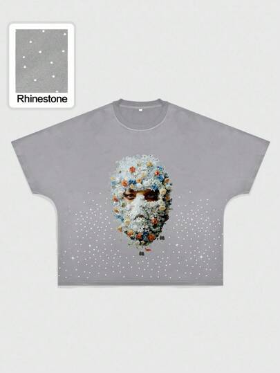 Street Life Camiseta de manga corta con holgada cabida y estampado de retrato de diamante para hombre