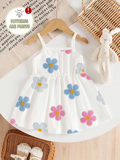 SHEIN Playful Pals Baby Girls' Colorful Floral Print Knit Cute & Comfy Sleeveless White Dress, Summer