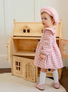 SHEIN A Pink, Sweet, Fashionable And Cute Long-Sleeved Zipped Round-Neck Plaid Dress For Baby Girls And A Pink Arctic Wool Hat As Accessories Are Essential For Daily Wear - Pink - View 4
