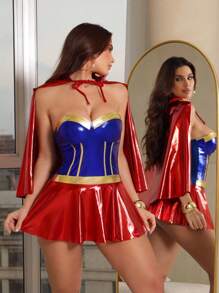 Fantasy Costume Fantasy Costume 2 chiếc áo choàng siêu anh hùng, da PU, đường may công chúa, màu tương phản, không dây, trang phục hóa trang cho vũ hội hóa trang, tiệc bar, trang phục câu lạc bộ, lễ hội âm nhạc, dành cho phụ nữ - Nhiều màu - Xem 6