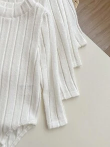 4pcs/Set Basic White Autumn Baby Girl Knitted Long Sleeve Bodysuit,Casual Ribbed Solid Color Sweater Bodysuit,Fall - White - View 4