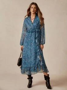 女士休闲通勤优雅佩斯利雪纺荷叶边下摆长裙 - 藍色 - 查看 3