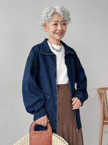 FRIFUL 休闲时尚百搭拉链长袖宽松女式牛仔夹克 - 藍色 - 查看 2