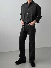 DAZY Men's Solid Black Denim Shirt Set, Autumn