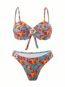 Swim Oasis 3 件套女士泳衣，随机花卉印花，性感细肩带抹胸上衣，三角泳裤，网眼罩裤，夏季泳装套装