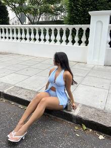 NegzBox 女士度假圣帕特里克节海滩装 2 件套女士纯色开衩下摆露背背心和短裤性感夏季套装，海滩服装女士夏季服装女士两件套海滩女士两件套露背装 - 藍色 - 查看 5