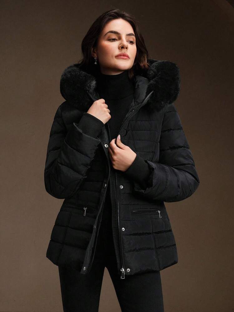 Abrigo acolchado de mujer con capucha, cuello esponjoso y cintura ceñida, ajuste delgado, adecuado para otoño, invierno, salir, elegante, chic, formal, Halloween
