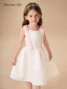Glamorique Kids Young Girl Chiffon Tiered White Summer Traditional Wedding Dress,Elegant Sweet Flower Girl Wear With Pink Ribbons, Gatherings Little Girl - White - View 7