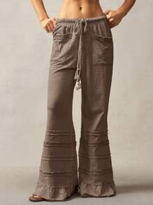 Bohemela Bohemian Style Solid Color High Waist Flare Leg Knit Pants, Spring/Summer Ruffle Boho For Women Bell Bottom Tiered Pants,Fall Clothes - Brown - View 3