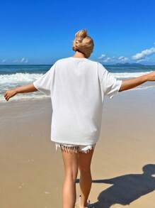 SHEIN EZwear 女士休闲圆领短袖海洋动物印花超大T恤，适合夏季 - 白色 - 查看 2