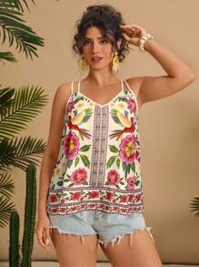 SHEIN VCAY 大码女式花卉和鹦鹉印花休闲吊带背心 - 彩色 - 查看 6