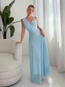 Elenzga Đầm lưới cổ chữ V dệt kim jacquard đàn hồi thắt eo kim loại thời trang mới, màu xanh nhạt, xuân/hè - Màu xanh lam - Xem 4