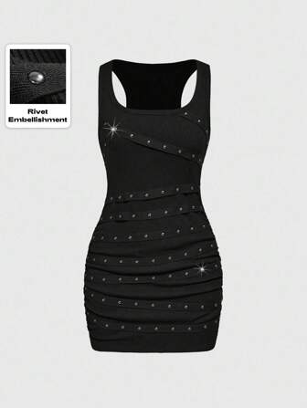 Grunge Punk Back To School  Graduation Easter Dress Women Concert Nashville Music Festival Rock Rivet Rhinestone Strap Sleeveless Round Neck Low Cut Sexy Plus Size Women Vest Mini Dress Black Dress Rivet Dress
