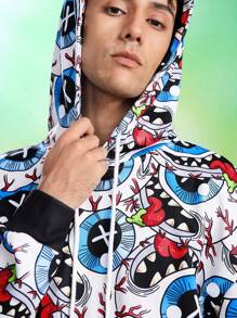 MADBALLS X SHEIN 男士休闲日常卡通眼睛图案抽绳连帽衫 - 白色 - 查看 4