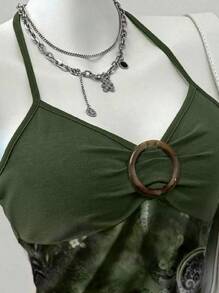 Muchica 休闲简约绿色复古印花图案女式背心，适合夏季 - 綠色 - 查看 3