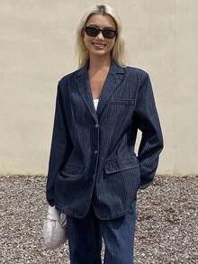 DAZY 女式条纹宽松休闲牛仔夹克 - 灰色 - 查看 5