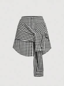 SHEIN MOD 黑白格子双面衬衫，1 件上衣，2 种穿法，乡村音乐会，可爱，生日，西部女装，度假，复古，早午餐，外出上衣，学校，办公室，工作，返校，机场 - 黑與白 - 查看 2