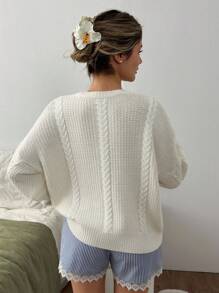 EURMUSE Winter White High-Neck Chunky Cable Knit Relaxed Sweater Snowfall Comfort Heavyweight Cable Pattern Mock Neck Pullover,Jumper,Cream Jumper,Jumpers,Black Jumper,Womens Jumper,Women's Jumper,Women's Jumpers - White - View 2