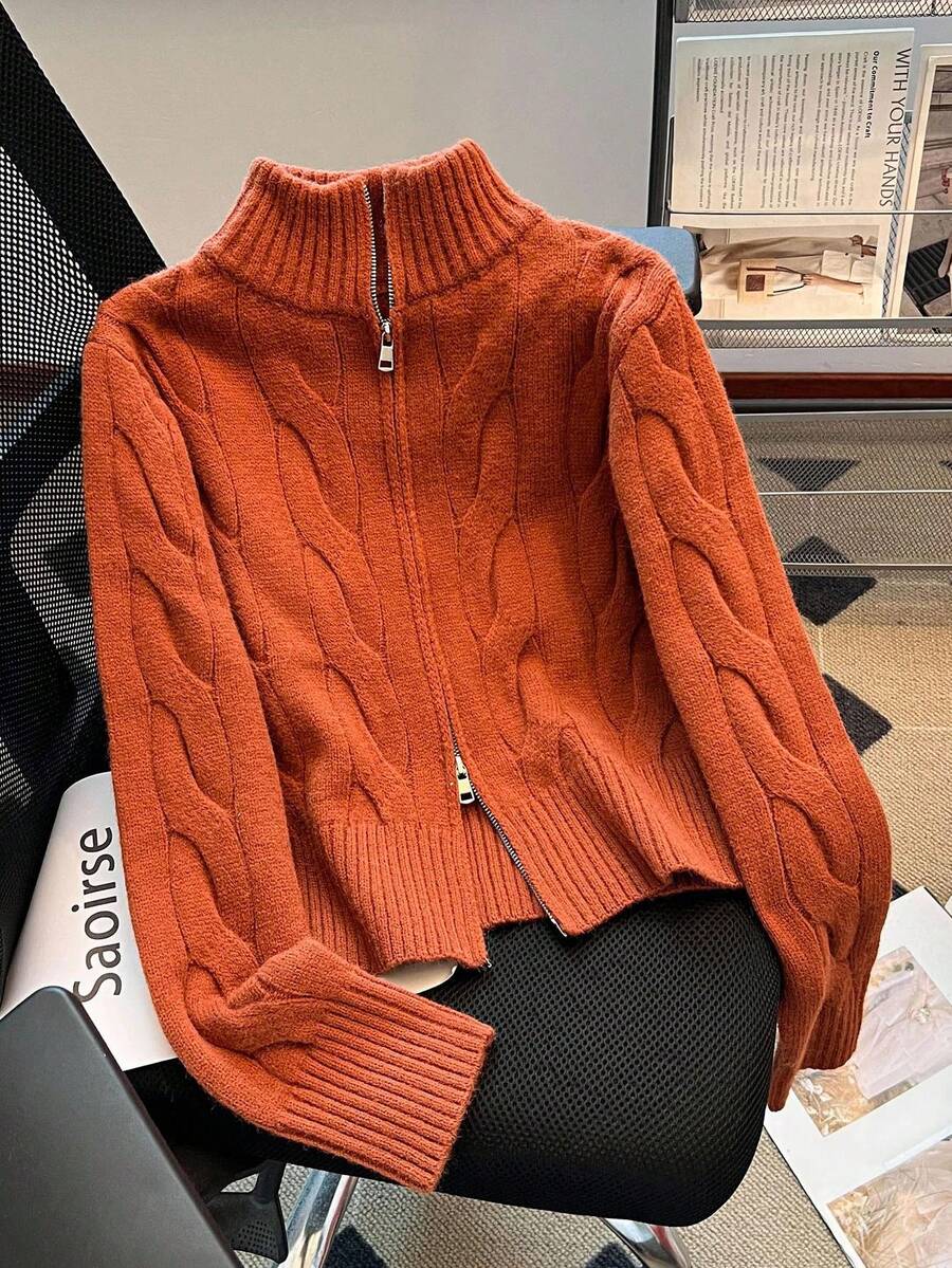 Franclia 女式复古设计纹理刺绣针织开衫 - 棕色 - 查看 1