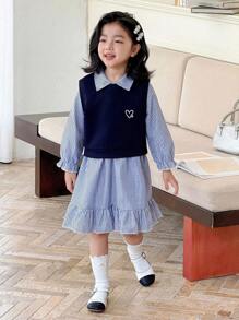 Genkimix Kids 2pcs/Set Young Girl Casual Long Sleeve Striped Dress And Heart Print Vest Outfit Chic Outfits For Autumn/Winter - Royal Blue - View 6