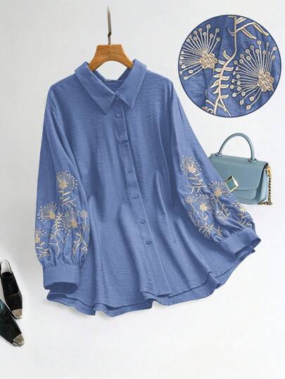 Lacomfia Plus Size Women's Fashion Casual Embroidered Button Long Sleeve Shirt