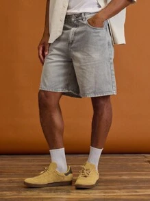 Musero 水洗宽松纽扣开合牛仔短裤 基本款春夏街头服饰 - 淺灰色 - 查看 3