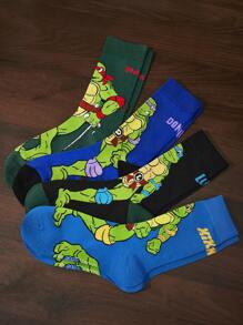 TEENAGE MUTANT NINJA TURTLES | SHEIN 4 双柔软透气吸湿排汗休闲男士中筒袜，搭配时尚灰色和蓝色中筒袜，加固脚趾和脚跟，经久耐用，男女通用，四季百搭 - 彩色 - 查看 5