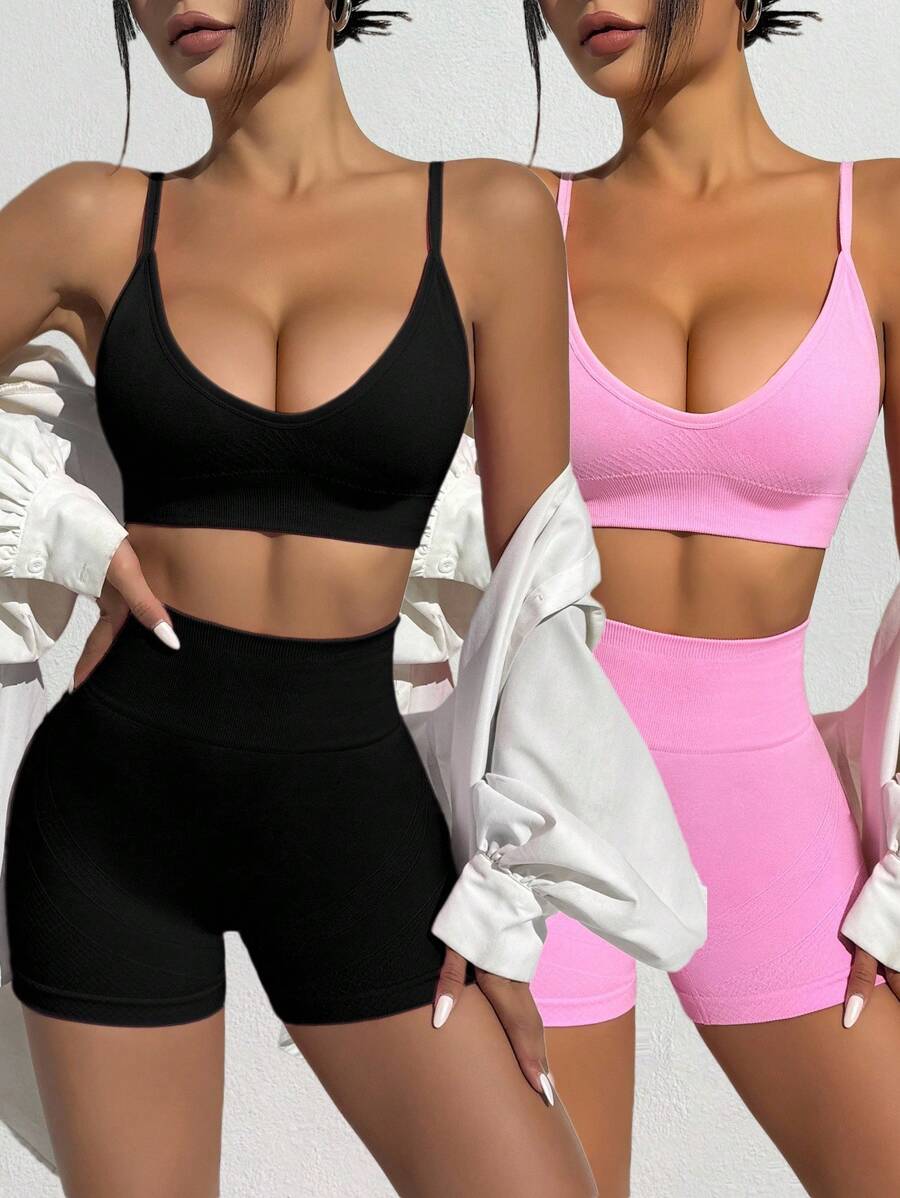 Sovereign Charm 2 件女式纯色短款吊带背心和高腰短裤无缝瑜伽套装运动文胸和短裤套装 2 件短款套装女士瑜伽短裤套装女士骑行短裤女士 2 件健身套装健身短裤套装女士健身短裤 2 件套装女士骑行短裤 2 件套装瑜伽短裤 2 件套装 - 彩色 - 查看 1