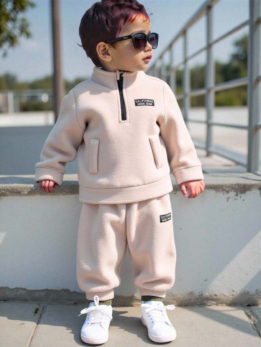 Baby Boy/Girl 2pcs/Set Casual Cute & Fun Sports Streetwear College All-Match Style Versatile Simple Comfortable Fashion Children Set, Fleece Thickened Suitable For Autumn/Winter, Fit For Birthday Party, Baptism, 1st Birthday Celebration, Gala, Performance, Wedding And Other Occasions Baby Boy Tan Outfit Baby Boy Sweatsuit Toddler Two Piece Set Boy Baby Boy Track Suit Toddler Suit Fall - Khaki - View 1