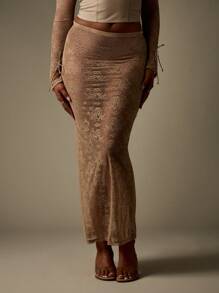 MISSGUIDED Floral Lace Co Ord Set Long Sleeve Crop Top And Maxi Skirt Beach Resort Vacation Evening Wear Spring Summer Occasion Set - Apricot - View 1