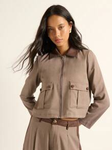 Nöista 格子编织夹克，深棕色衣领，大前袋，开放式拉链，宽松版型，非常适合休闲、办公室、秋季、西部、返校和波西米亚风格的女装。 - 彩色 - 查看 2