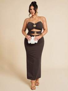 SHEIN BAE Váy khoét lỗ trang trí kim loại màu đen cỡ lớn dành cho nữ, đi nghỉ - Cà phê nâu - Xem 1