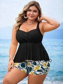 Swim Lushoire 大码女式两件套纯色分体泳衣，搭配花卉印花短裤，休闲海滩度假装