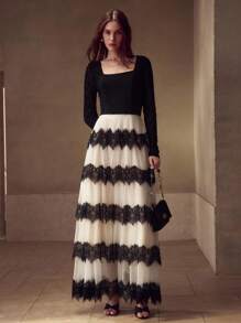 MOTF PREMIUM CONTRAST LACE COLORBLOCK DRESS - Black and White - View 4